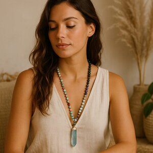 Handmade Stone Beaded Gemstone Necklace Titanium Quartz Pendant Boho Chic Jewelr